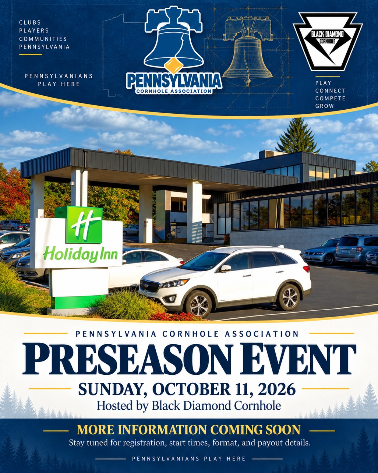 PCA preseason event announcement hosted by Black Diamond Cornhole